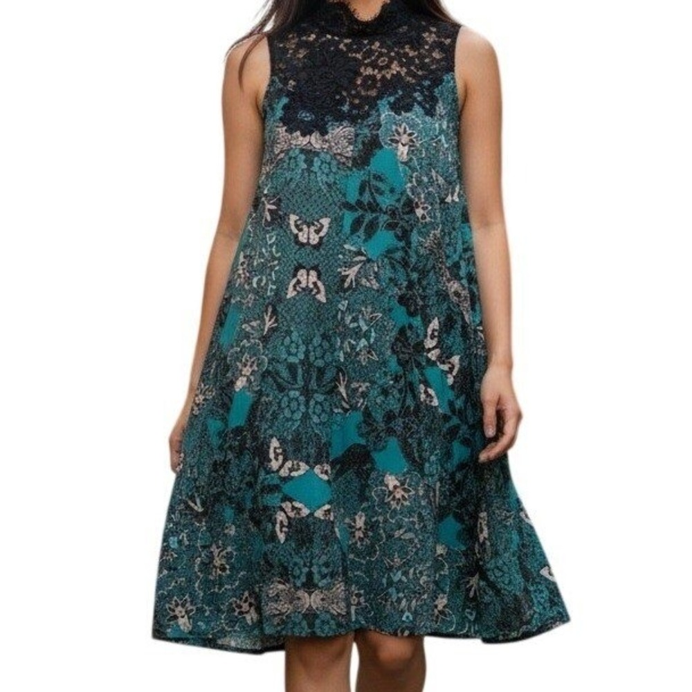🆕 ANTHROPOLOGIE MAEVE Teal Butterfly And Swan Print Lace Trim Swing Dress XS